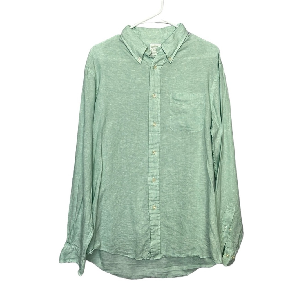 Brooks Brothers Size Large 100 % Linen Button Up Shirt- pistachio Poplin fabric